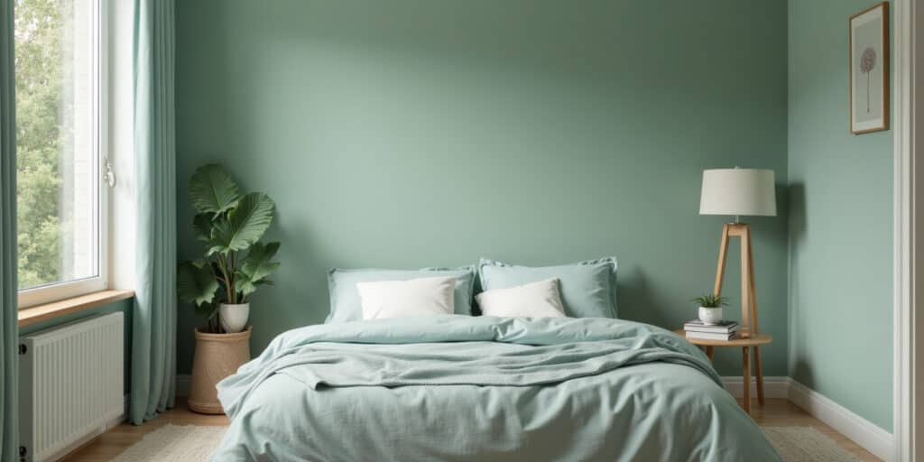 Living in Color: A Timeless Home Decor Color Palette Guide 1 Bedroom Interior Using A Soothing Home Decor Color Palette Of Sage Green And Muted Blue That Promotes Rest, Balance, And Relaxation.