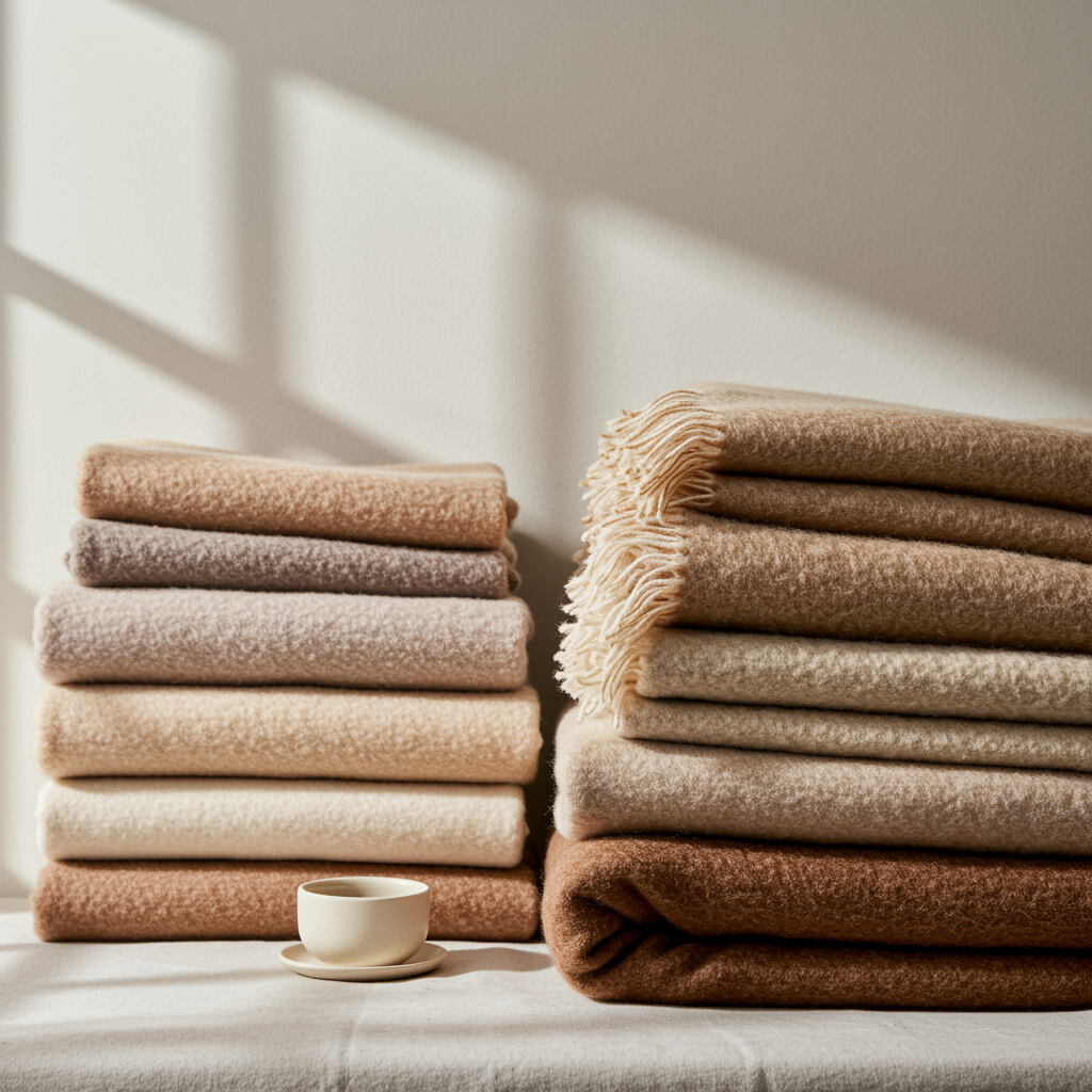 freepik candid photography with natural textures and highl 58988 | Sohnne® Stack of folded fleece throws in neutral colors.