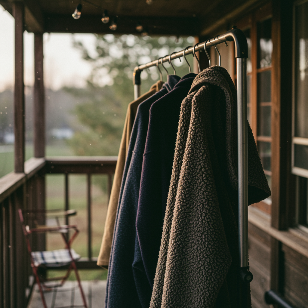 freepik candid photography with natural textures and highl 58990 | Sohnne® Washed fleece and Sherpa garments drying on rack.
