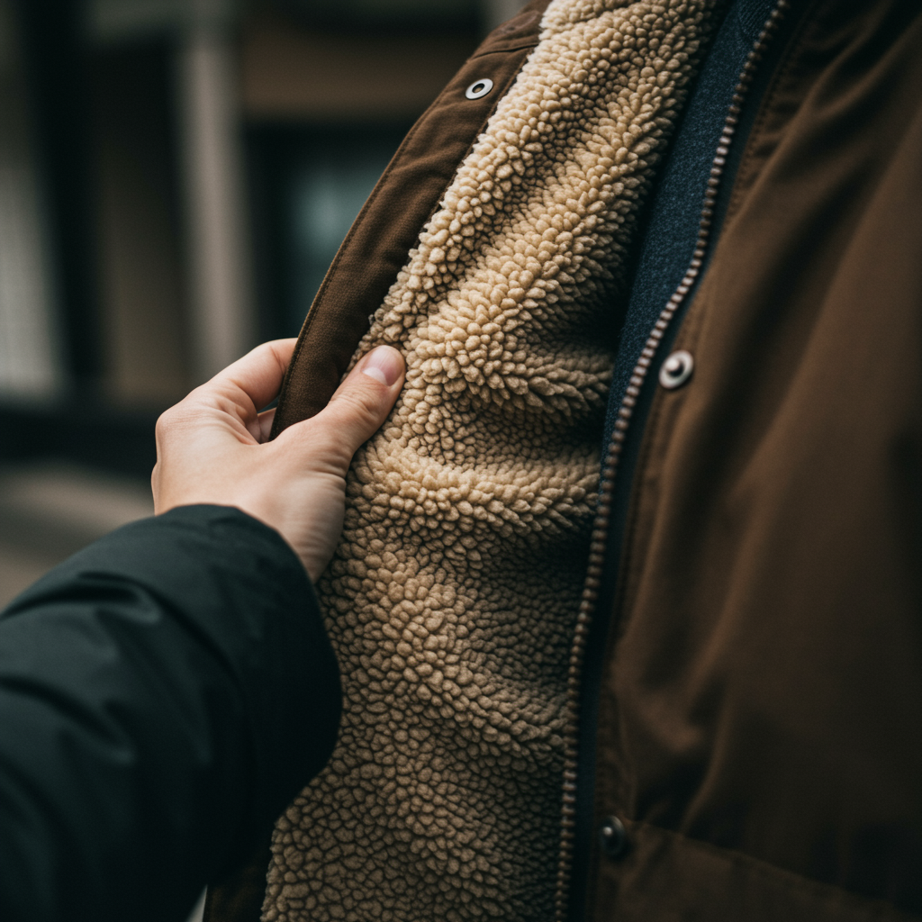 freepik candid photography with natural textures and highl 58993 | Sohnne® Hand touching plush Sherpa lining inside a winter coat.