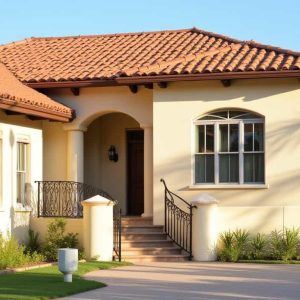 Exterior of a Spanish style house with clay roof tiles, cream stucco walls, and wrought iron railings under warm sunlight.