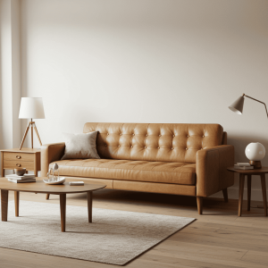 Light brown leather sofa in a mid-century modern living room with wooden furniture and warm lighting.