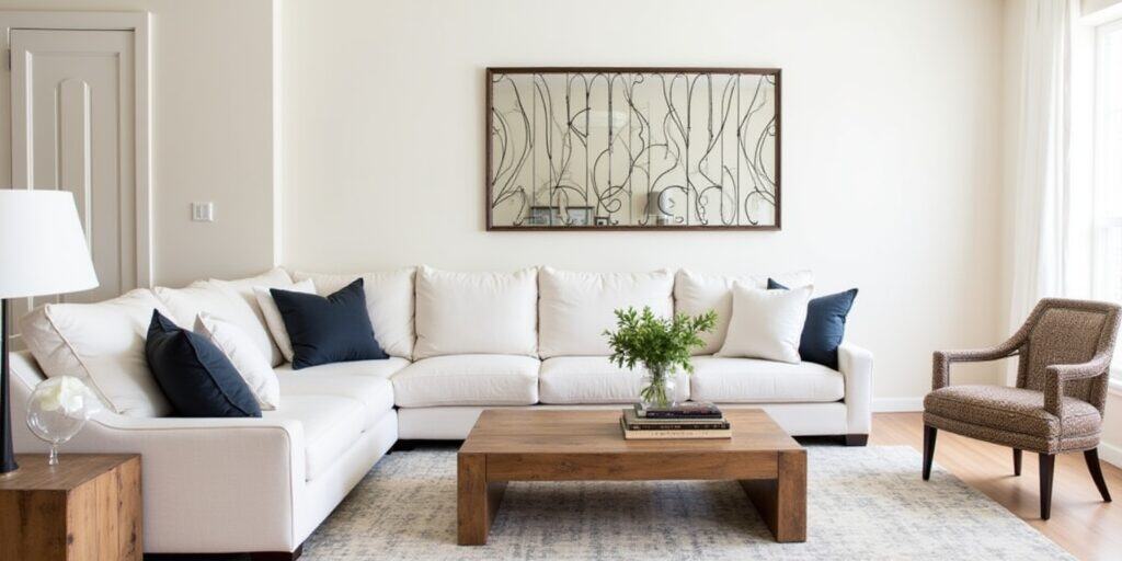 The Art of Living: Inside a Modern Spanish Style House 4 Modern Spanish Living Room With A Linen Sectional Sofa, Reclaimed Wood Table, And Vintage Iron Mirror For A Cozy Mix Of Styles.
