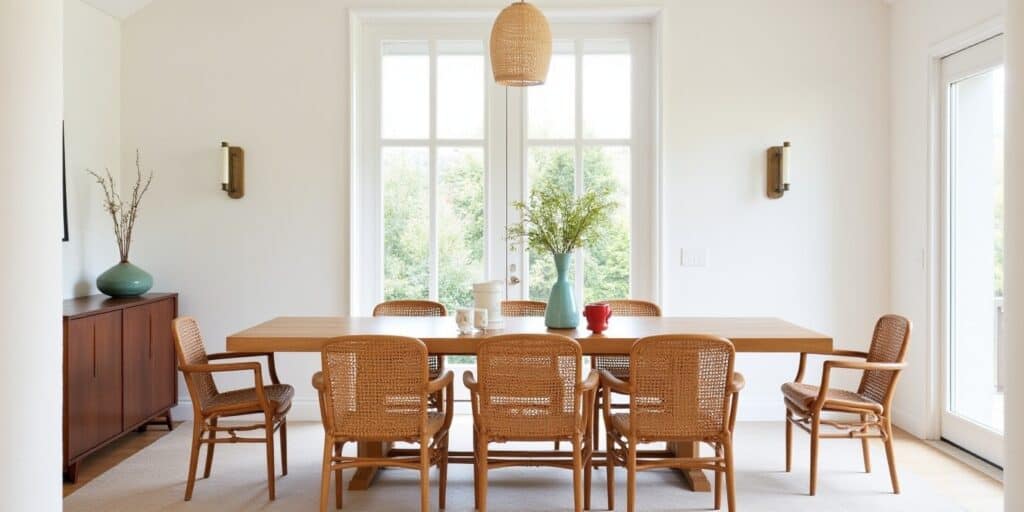 The Art of Living: Inside a Modern Spanish Style House 2 Modern Spanish Style Dining Room With A Light Wood Table, Rattan Chairs, And A Dark Walnut Console Creating Balanced Textures.