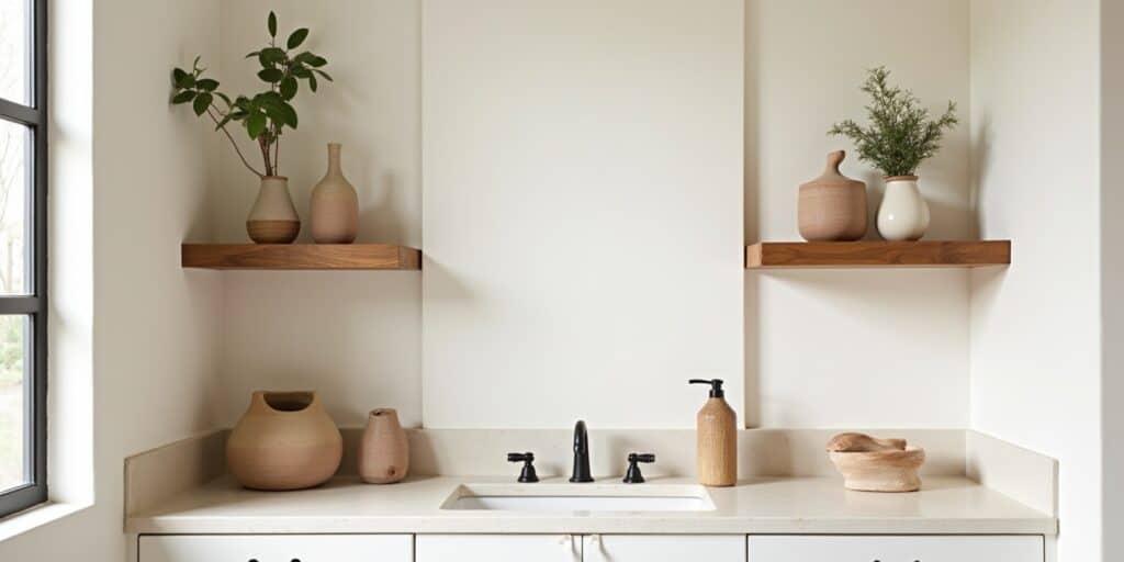 The Art of Living: Inside a Modern Spanish Style House 7 Spanish Style Bathroom Shelves Decorated With Organic Pottery, Wooden Accents, And Soft Greenery For A Natural Look.