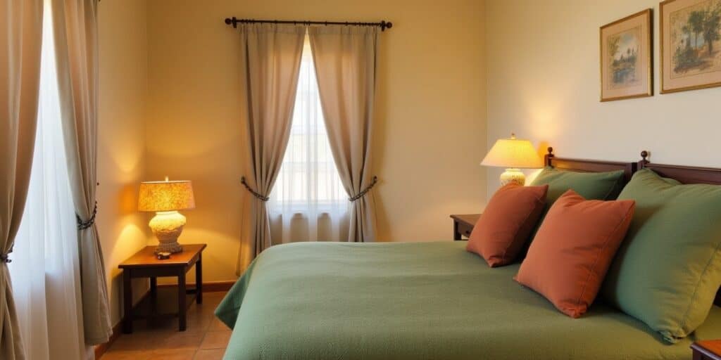 The Art of Living: Inside a Modern Spanish Style House 3 Spanish Style Bedroom With Earthy Green Bedding, Terracotta Pillows, And Soft Beige Walls Showing A Warm Natural Palette.
