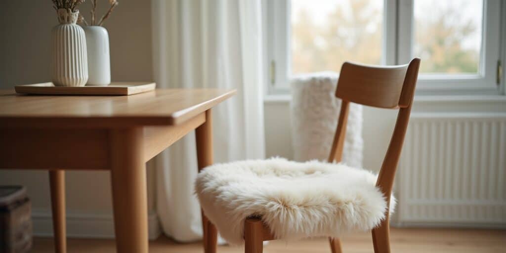 Minimal, Meaningful: The Sheepskin Chair In Modern Design 3 Neutral Sheepskin Chair Pad On A Wooden Dining Chair, Bringing Comfort And Softness To A Modern, Light-Filled Space.