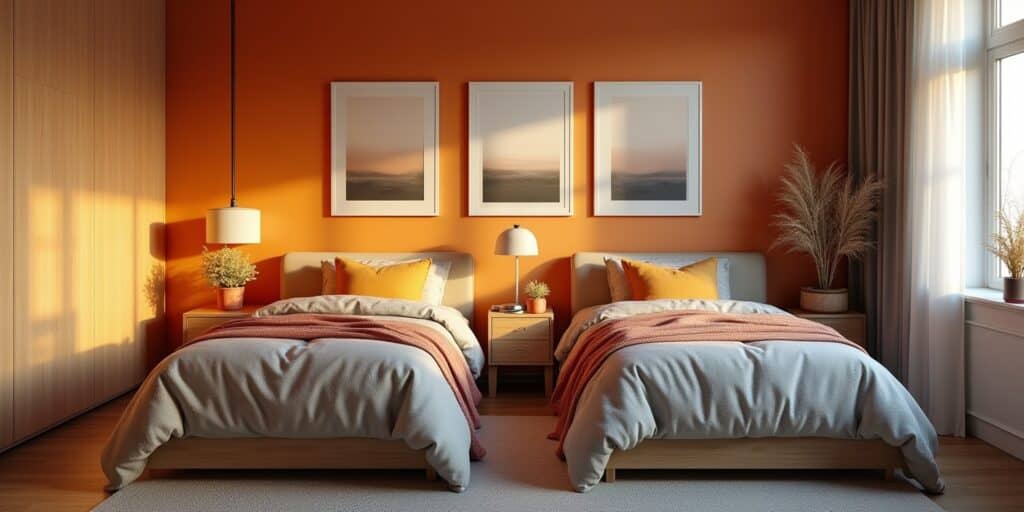 Twice as Nice: 10 Twin Bedroom Ideas for Shared Spaces 1 Cozy Twin Bedroom Ideas With Layered Bedding, Warm Lighting, And Natural Wood Furniture For A Modern, Inviting Shared Space.