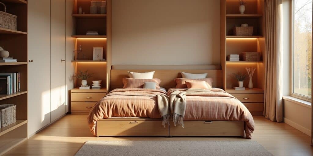 Twice as Nice: 10 Twin Bedroom Ideas for Shared Spaces 5 Modern Twin Bedroom Ideas Featuring Under-Bed Drawers, Built-In Shelving, And Floating Nightstands For Clutter-Free Organization.