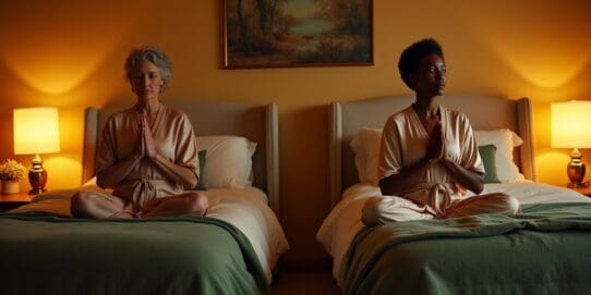 Twin bedroom layout with matching frames, linens, and subtle decor differences that create symmetry and personal style.