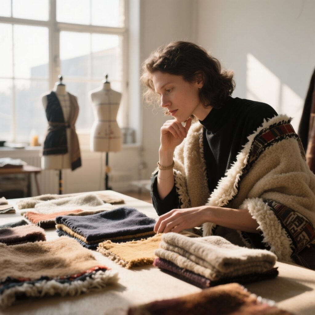 freepik the style is candid image photography with natural 58995 | Sohnne® Designer choosing between fleece and Sherpa samples for clothing line.
