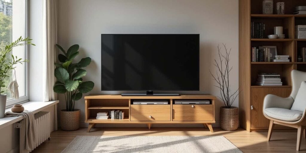 Modern DIY TV stand setup in a cozy living room with wood and metal details, showing stylish storage and personalized design elements.