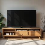 Modern DIY TV stand setup in a cozy living room with wood and metal details, showing stylish storage and personalized design elements.