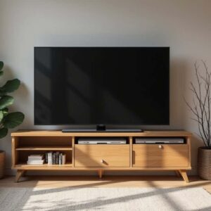 Modern DIY TV stand setup in a cozy living room with wood and metal details, showing stylish storage and personalized design elements.