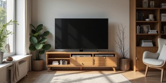 Modern DIY TV stand setup in a cozy living room with wood and metal details, showing stylish storage and personalized design elements.