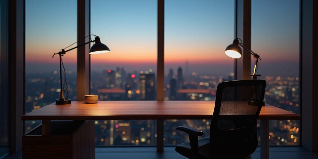 Calm Like a Jedi: The Secret Behind Workspace Furniture for Mindful Productivity 1 Modern Workspace Furniture Setup With Wooden Desk, Ergonomic Chair, And Soft Natural Light For Mindful Productivity.