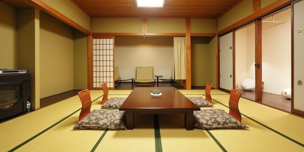 freepik traditional tatami room featuring zabuton cushions 28302 | Sohnne® Traditional tatami room featuring zabuton cushions, zaisu chairs, and a Japanese style floor couch around a low table.
