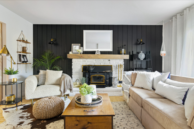 Wooden Black Accent Wall - luxury black living room, black
